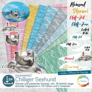 Seal, Digistampset chilled seal, print template, coloring picture, digital papers and stamps with maritime motifs