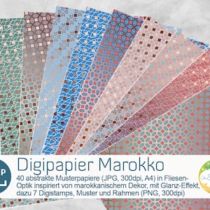 Modello astratto Digipaper, 40 Digi-Papers con gradiente di motivo marocchino, motivo a piastrelle con effetto lucido rame di senSEASONal