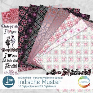 Könnte beinhalten: Eine Auswahl an digitalen Papieren mit Mustern in Rosa, Lila und Grau. Die Muster zeigen Blumen und geometrische Formen. Der Text enthält "Danke für alles I you", "Be my Valentine I you", und "Ich liebe dich".