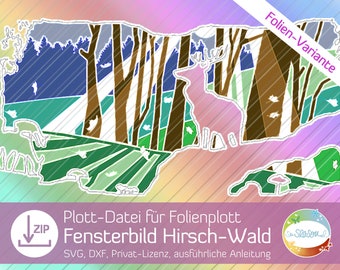 Plotterdatei Fenstergeschichte Hirschwald, Fensterbild Folien-Variante, Transparentbild mit Herbstwald, Fensterdeko basteln von senSEASONal