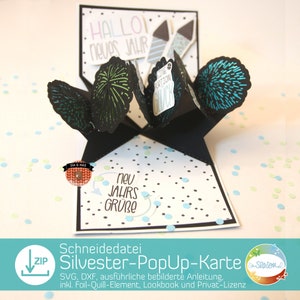 Vuurwerk pop-upkaart, oudejaarsavond- en nieuwjaarplotterbestand voor papier en folieveer, inclusief instructies, geschikt voor beginners