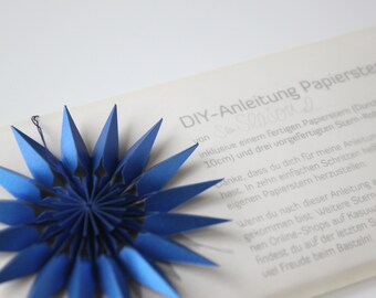 DIY-Bastel-Anleitung Papierstern, Set inkl. 1 fertiger Stern und 3 Stern-Rohlinge in blau glänzend, Christbaumschmuck selber machen