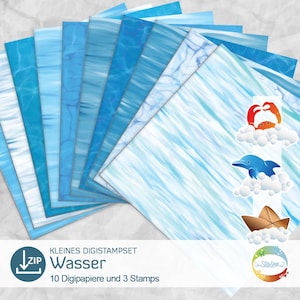 Piccolo set Digistamp acqua, onde Digipaper, mare, Digistamp granchio, delfino, barchetta di carta, carta da stampare da soli, alta risoluzione