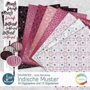 Papel Índia vermelho, Digipaper com padrões indianos, Lanterna Digistamp, festival de luzes, Conjunto Digistamp de inspiração indiana por senSEASONal