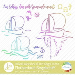 Plottdatei Segelschiff, Kommunion, Konfirmation, Geburtstag, Piratenschiff, individualisierbar durch 10 Icons, Design von senSEASONal