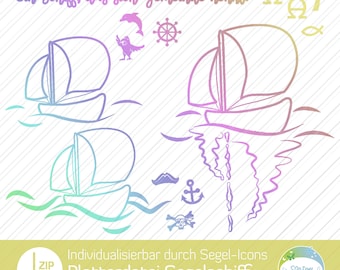 Plottdatei Segelschiff, Kommunion, Konfirmation, Geburtstag, Piratenschiff, individualisierbar durch 10 Icons, Design von senSEASONal