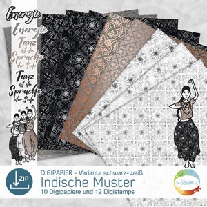 Könnte beinhalten: Ein Set mit 10 digitalen Papieren und 12 digitalen Stempeln mit schwarz-weißen Mustern im indischen Stil. Die Muster sind filigran und detailliert, mit einer Vielzahl von geometrischen Formen und floralen Motiven. Die Papiere eignen sich perfekt zum Erstellen von Einladungen, Karten, Scrapbook-Seiten und anderen Bastelprojekten.