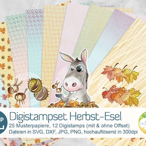 Digistamp-Set Herbst-Esel, digitale Stempel mit Esel, Kastanien, Herbstblättern und 25 wunderschönen Digipapieren