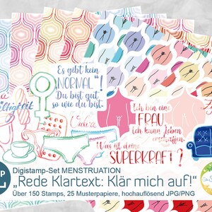 Könnte beinhalten: Ein digitales Stempelset zum Thema Menstruationsgesundheit mit dem Text "Rede Klartext: Klär mich auf!" Das Set enthält über 150 Stempel und 25 Musterpapiere. Die Stempel zeigen Illustrationen eines weiblichen Körpers, einer Gebärmutter, einer Menstruationstasse, einer Couch und einer Periode.