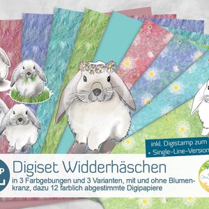 May include: Digital paper pack featuring 12 colorful backgrounds with a daisy pattern and 3 variations of a cute bunny rabbit with a flower crown. The pack also includes a coloring page and a single-line version for engraving.