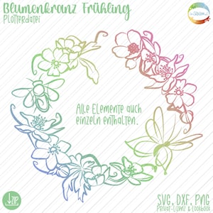 Könnte beinhalten: Ein digitaler Download eines floralen Kranzdesigns mit einem Schmetterling. Der Kranz besteht aus Blumen und Blättern, und der Schmetterling befindet sich in der Mitte. Das Design ist in einem Regenbogen-Farbverlauf.