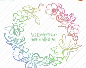 SVG Blumenkranz Frühling, PNG Frühlingskranz, Plotterdatei Buschwindröschen, Waldanemone, Biene, Schmetterling