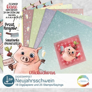 Cochon du Nouvel An, cochon graphique avec chance et souhaits dans un style bande dessinée, DigiStamp pour le réveillon du Nouvel An et le Nouvel An par senSEASONal