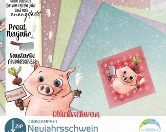 Neujahrs-Schwein, Grafik Schwein mit Glück und Wünschen im Comic-Stil, DigiStamp zu Silvester und Neujahr von senSEASONal