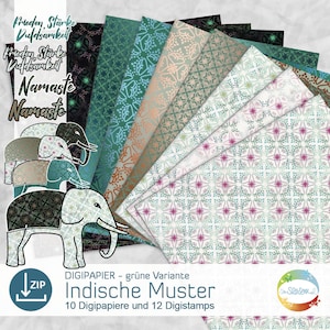 Carta verde India, Digipaper con motivi indiani, Digistamp Om, soddisfazione, yoga, set di timbri di ispirazione indiana di senSEASONal