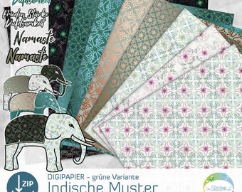 Papier Indien grün, Digipapier mit indischen Mustern, Digistamp Om, Zufriedenheit, Yoga, indisch inspiriertes Digistampset von senSEASONal