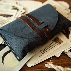 Grande pochette en cuir, pour tarot, Lenormand, runes, cartes oracle, refente grise