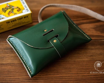 Small leather pouch, for playing cards, Lenormand, poker, bridge, green