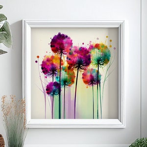 Abstrakte Aquarell Blumen Malerei von Allium, bunte botanische Kunstdrucke, Wildblumen Strauß von Allium