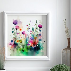 Abstract Wildflower Meadow Painting, Colourful Botanical Art Prints, Wild flower Art, Colourful Wall Art