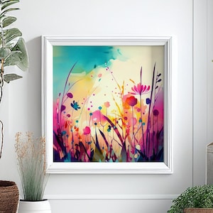Dipinto astratto di prato di fiori selvatici, stampe artistiche botaniche colorate e vivaci, arte floreale astratta con tecnica mista, dipinto extra large, arte murale