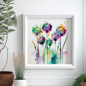 Peut inclure: Une peinture à l'aquarelle encadrée de fleurs colorées avec des tiges et des feuilles vertes sur un fond blanc.