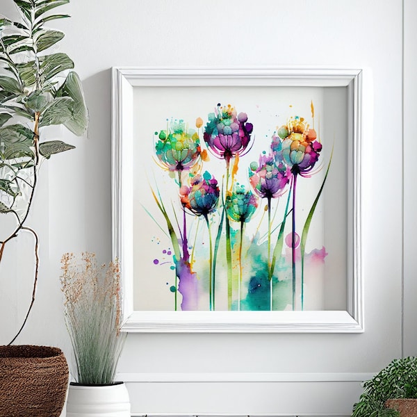 Abstract watercolour Flower Painting of Alliums, Colourful Botanical Art Prints, Wild flower bunch of Alliums