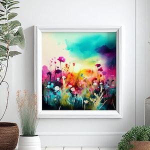 Dipinto astratto di prato di fiori selvatici, stampe artistiche botaniche colorate, arte di fiori selvatici, arte murale colorata