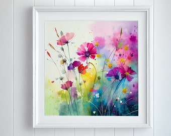 Abstract Wildflower Meadow Painting, Colourful Botanical Art Prints, Wild flower Art, Colourful Wall Art