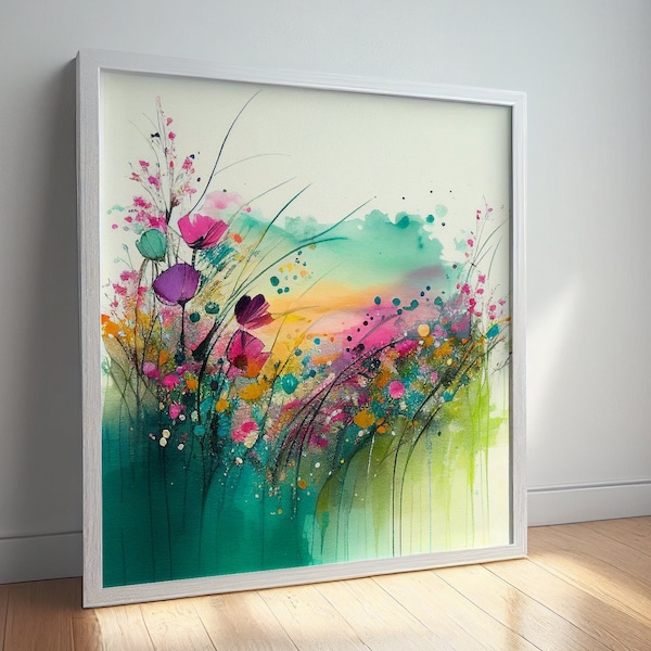 Abstract Watercolour Wildflower Meadow Painting, Colourful Botanical Art Prints, Abstract Mixed Media flower Art, unframed Print, Wall Art