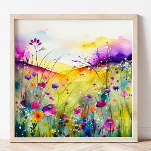 Dipinto astratto di prato di fiori selvatici Stampe artistiche botaniche colorate Arte di fiori selvatici - Arte murale colorata
