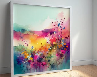 Abstract Wildflower Meadow Painting, Colourful Botanical Art Prints, Abstract Mixed Media flower Art, Extra Large Painting, Wall Art