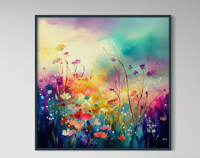 Large Floral Art Print, Pink Green Wall Art, Abstract Meadow Print ...
