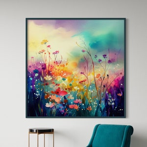 Abstract Wildflower Meadow Painting, Colourful Vibrant Botanical Art Prints, Abstract Mixed Media flower Art, Extra Large Painting, Wall Art