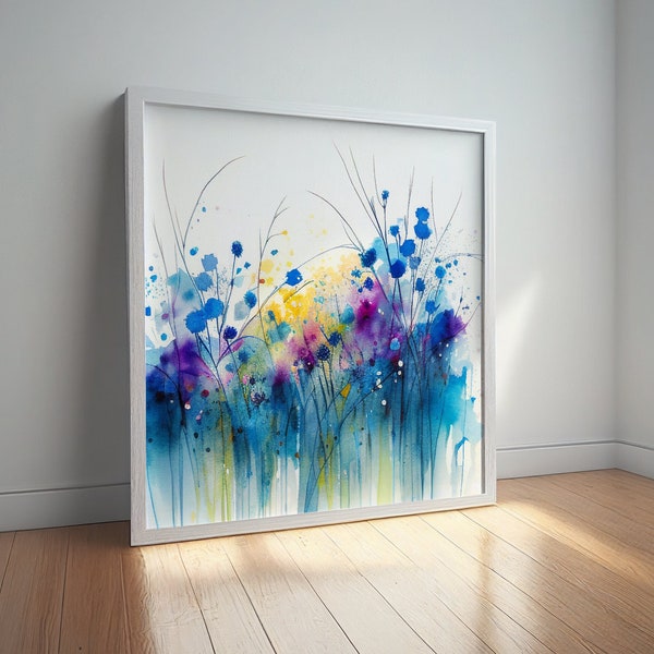 Abstract Wildflower Meadow Painting, Colourful Botanical Art Prints, Wild flower Art, Cornflowers Colourful Wall Art