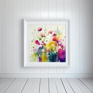 Abstract Wildflower Meadow Painting, Colourful Tulips Botanical Art Prints, Wild flower Art, Colourful Wall Art