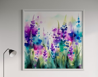 Watercolours of Lupins and Stocks and foxgloves Abstract Wildflower Meadow Painting, Wild flower Art, Colourful Wall Art