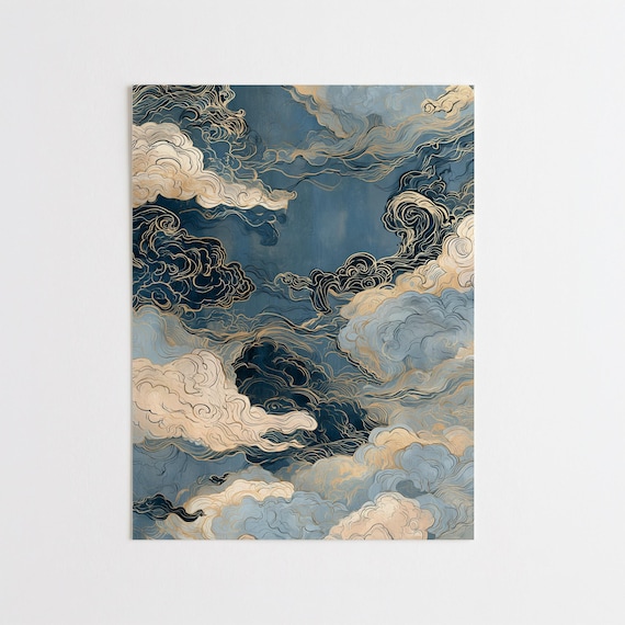 Japanese Cloud Block Print with Blue Tones and Gold Accents | Traditonal Japanese Art Abstract Living Room Wall Art