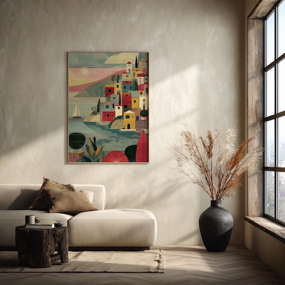 Coastal Village Abstract Landscape Seaside Painting Living Room Wall Art print Unique Home Decor