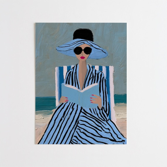 Woman on Beach Impressionist Portrait Blue Art for Living Room | Elegant Relaxation Home Decor