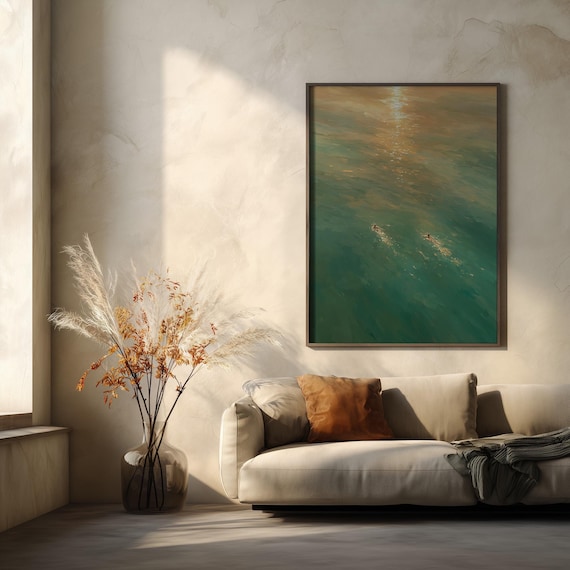 Sunset Sea Swimmers Impressionist Living Room Wall Art | Warm Ocean Decor