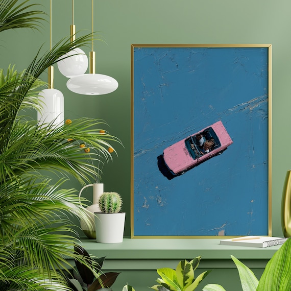 Pink Convertible Car Abstract Blue Living Room Wall Art | Modern Vibrant Print Bronkhorst Inspired