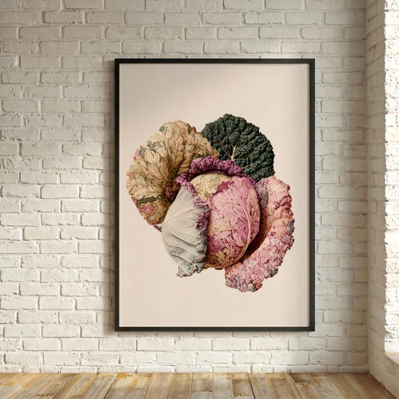 William Morris Inspired Cabbage Vintage Floral Farmhouse Kitchen Art Vegetable Home Decor