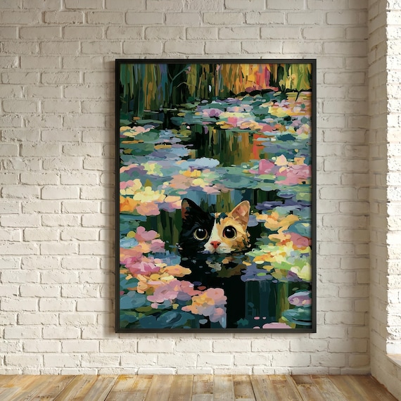 Lily Ponds Impressionist Cat Art Pastel Living Room Wall Art | Floral Home Decor Monet Inspired