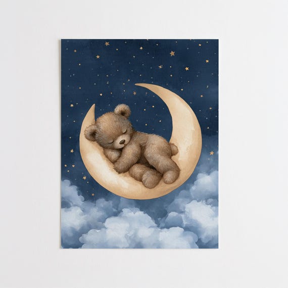 Sleeping Moon Bear Print, Sleeping Moon Bear, Celestial Nursery Wall Art, Teddy Bear Stars Decor, Bedtime Baby Room Art