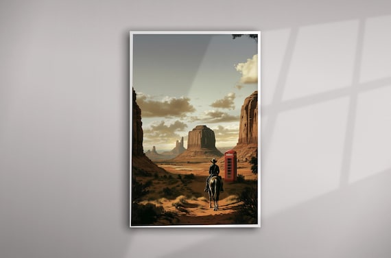 Cowboy Western Surreal Red Phone box Landscape Quirky Living Room Wall Art | Warm Tones Home Decor