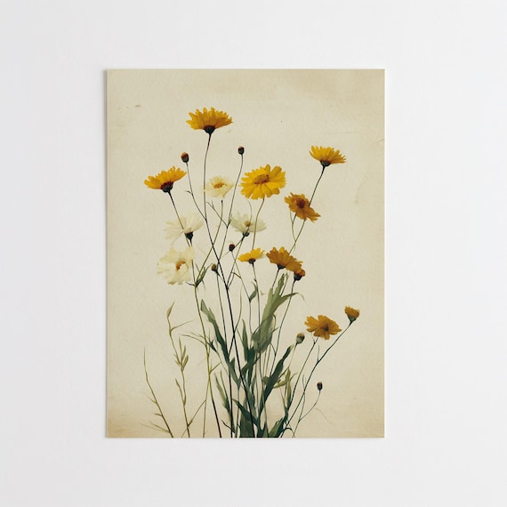 Yellow Flowers Abstract Minimalist Living Room Wall Art | Warm Floral Home Decor