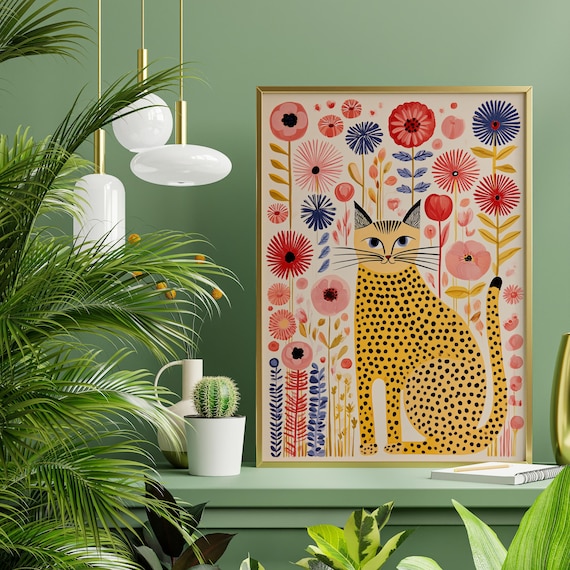 Vibrant Cat Flower Garden Abstract Yellow Red Living Room Art | Whimsical Floral Wall Decor