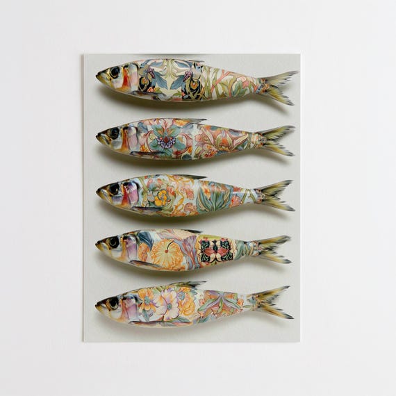 Sardines William Morris Style Floral Farmhouse Kitchen Decor Wall Art Vintage Florals