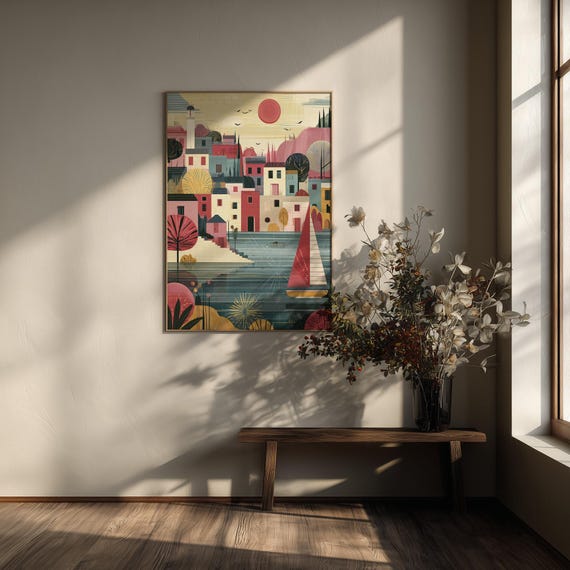 Coastal Village Abstract Sailboat Seaside Living Room Wall Art | Home Decor Sea Print